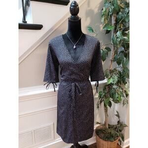 Influence Dress Women Size 10 Black Purple Polka Dot Wrap Tie Waist V Neck